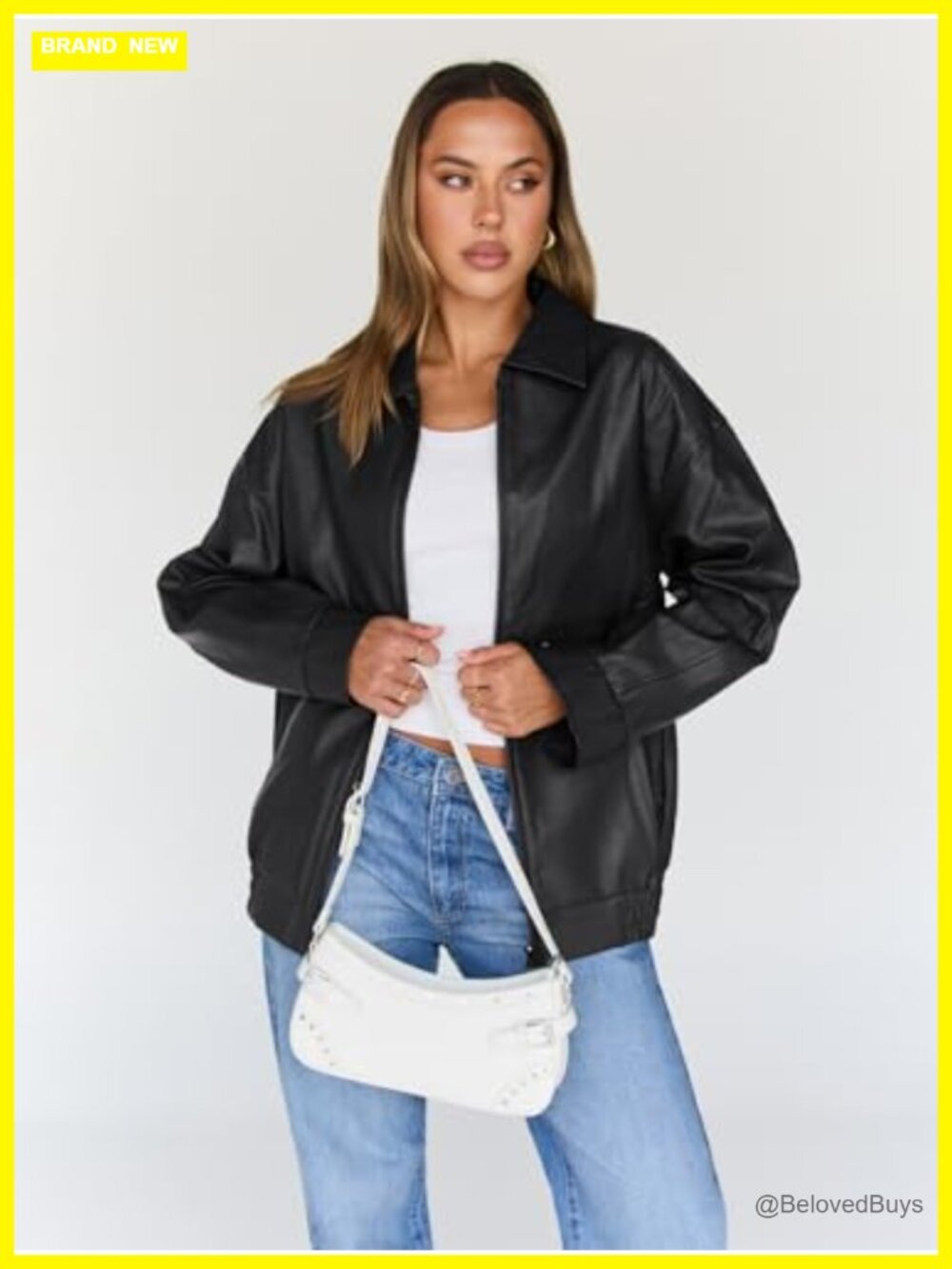 Oversized Faux Leather Moto Bomber Jacket for Spring Fall Layering - Picture 2 of 5